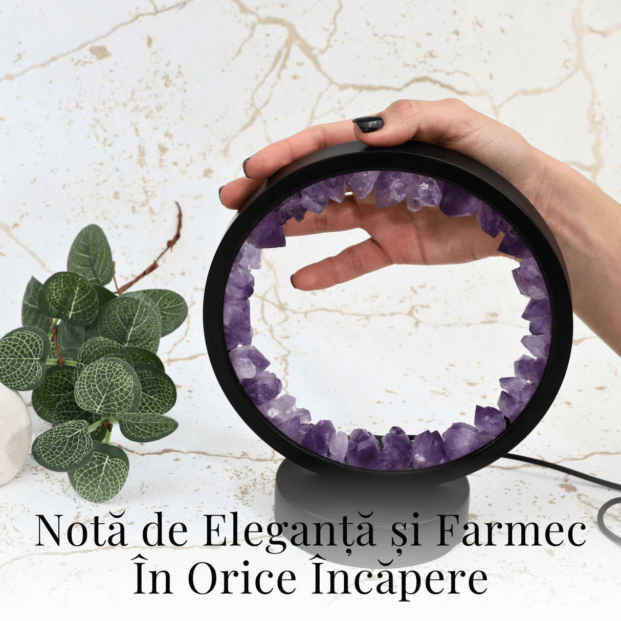 Lampa rotunda de Noapte Naturala cu Cristal de Ametist - USB, Decor Acasa