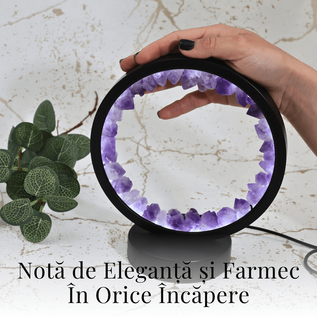 Lampa rotunda de Noapte Naturala cu Cristal de Ametist - USB, Decor Acasa