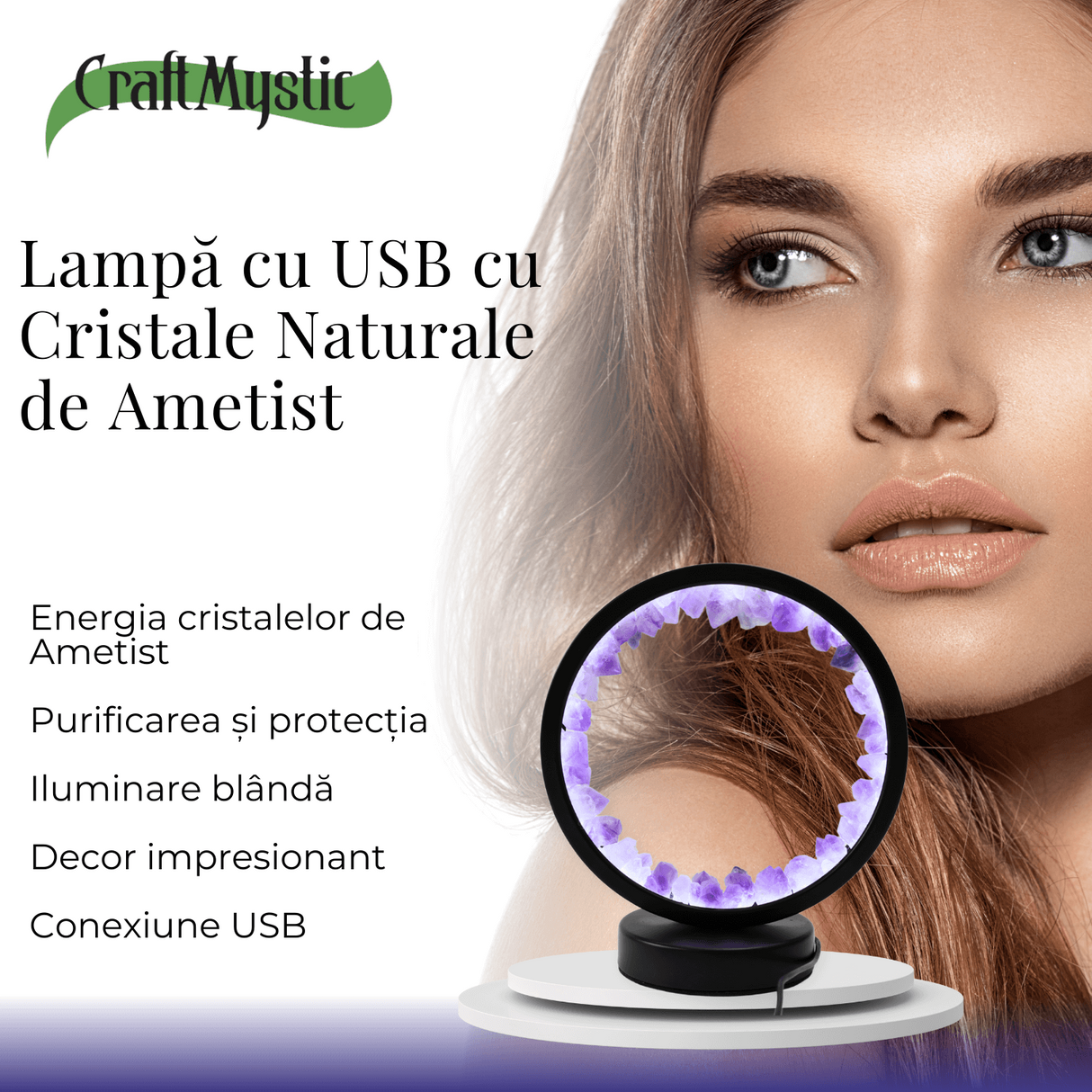 Lampa rotunda de Noapte Naturala cu Cristal de Ametist - USB, Decor Acasa