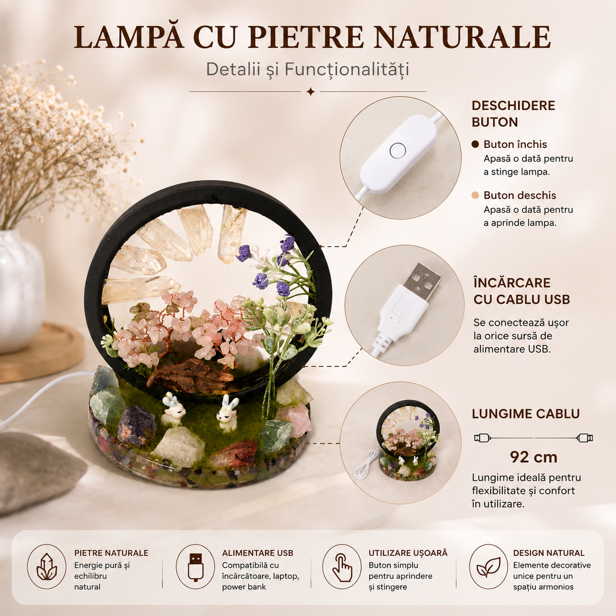 Lampa cu Cristale Naturale Rotunda – Armonie, Energie Pozitiva si Decor Elegant