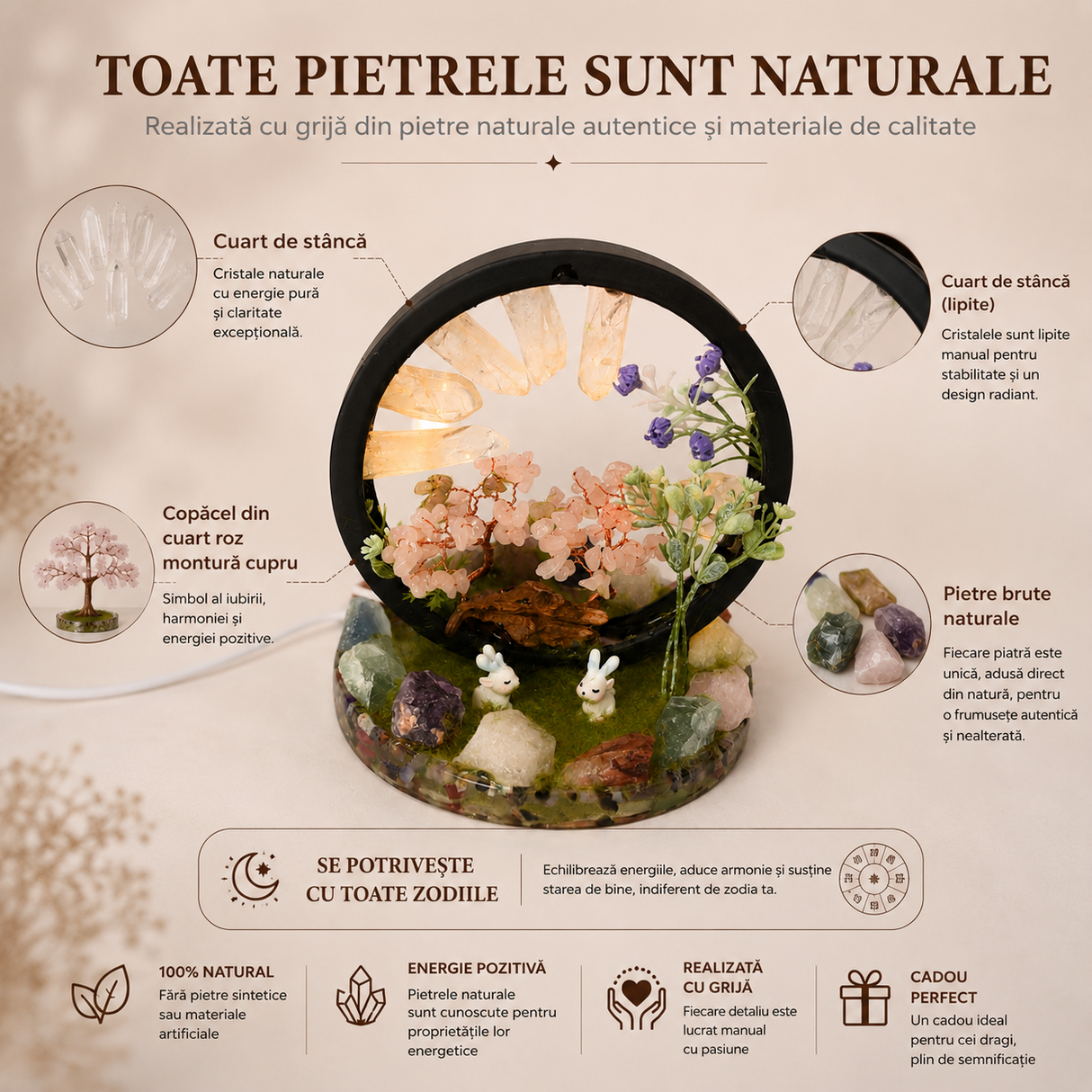 Lampa cu Cristale Naturale Rotunda – Armonie, Energie Pozitiva si Decor Elegant