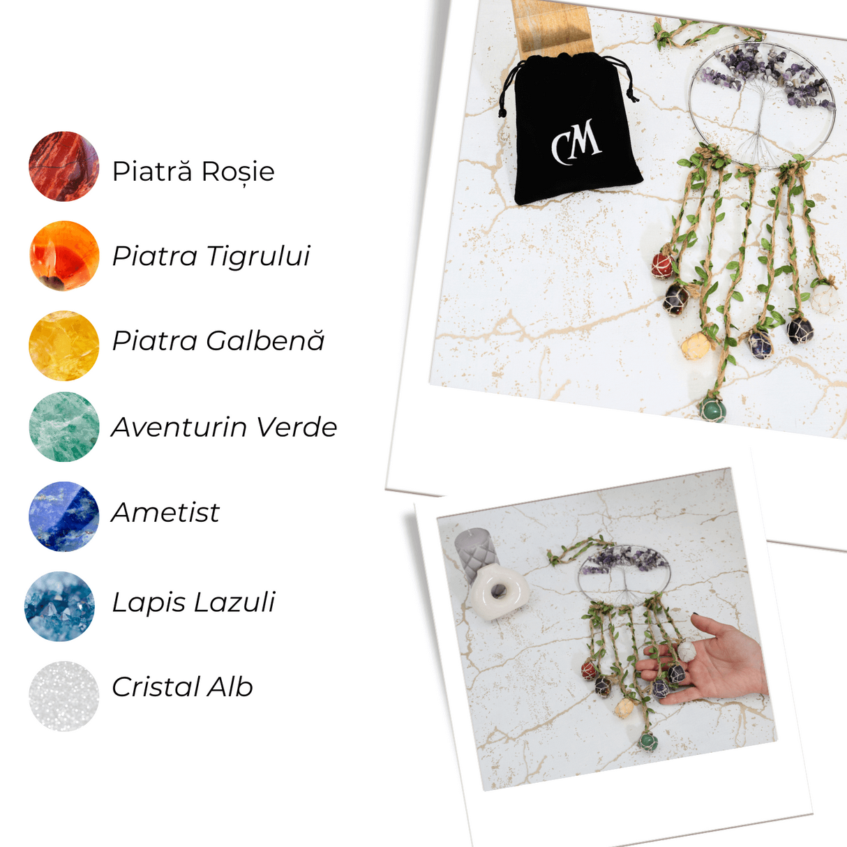 Dreamcatcher cu 7 tipuri de Cristale pentru cele 7 Chakre si Model Arborele Vietii