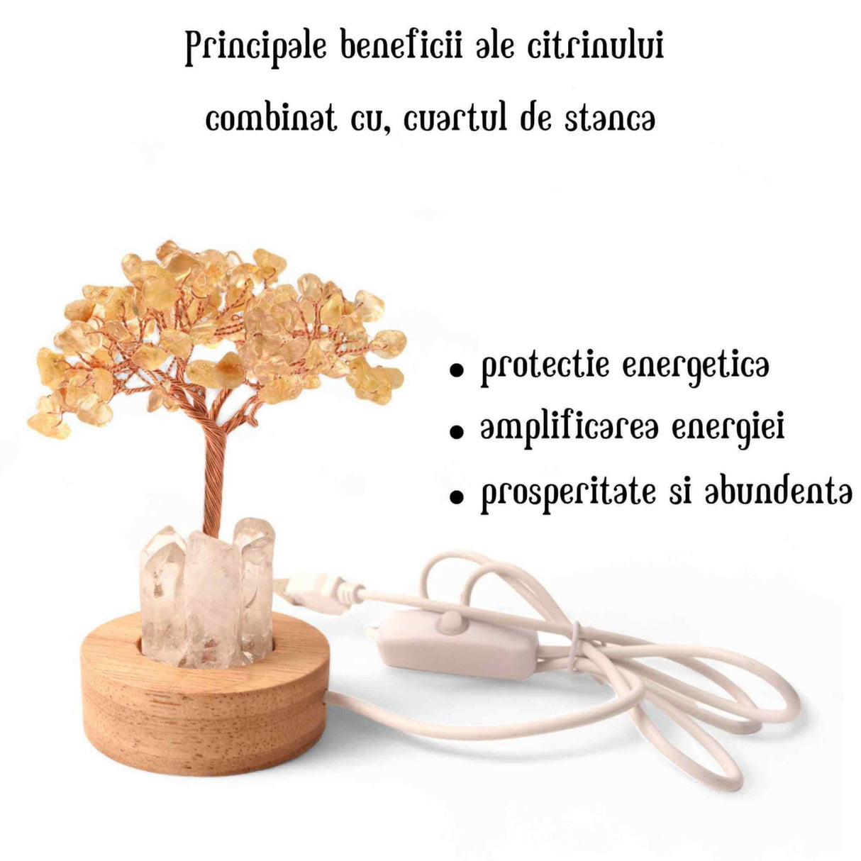 Mini Lampa Copacel 10 cm de Citrin si Cuart de Stanca cu USB - Amplifica Energia Pozitiva si Prosperitatea