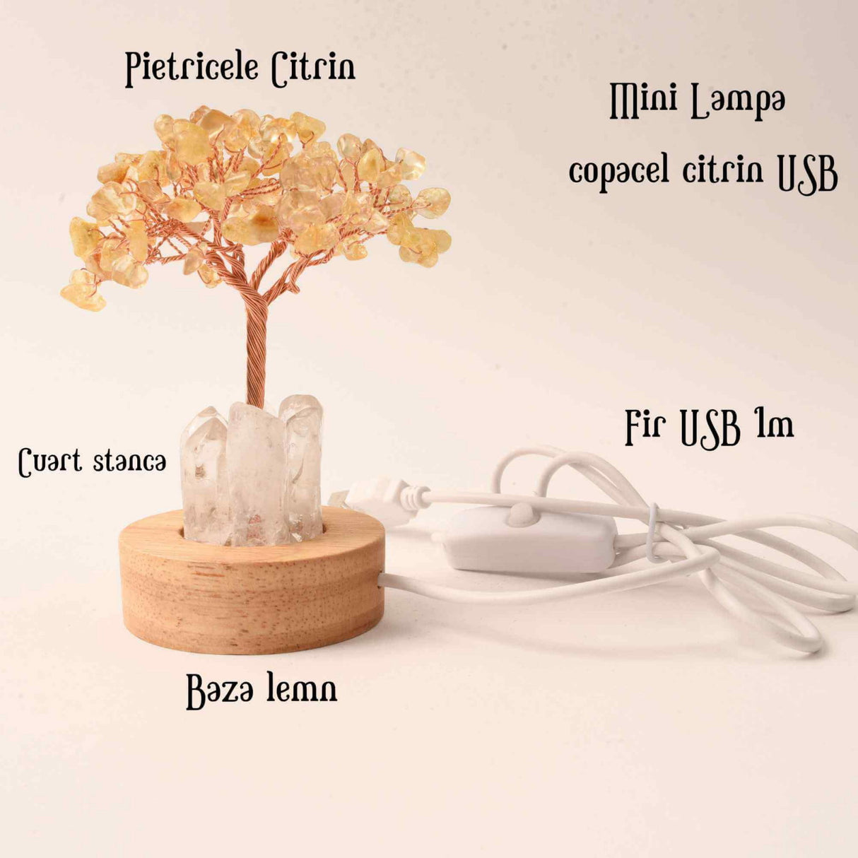 Mini Lampa Copacel 10 cm de Citrin si Cuart de Stanca cu USB - Amplifica Energia Pozitiva si Prosperitatea