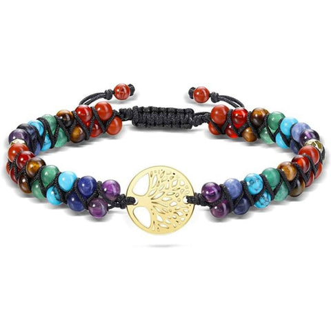 Natural Healing Bracelet with 7 Types of Stones for the 7 Chakras made of Reiki Crystals and a Tree of Life pendant