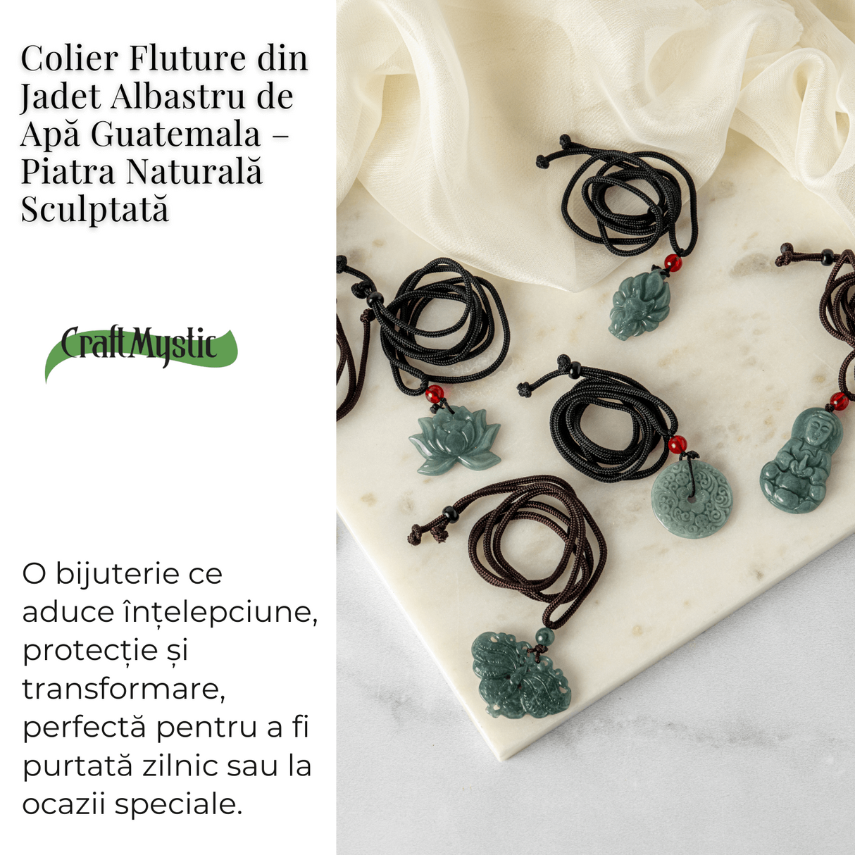 Transformare si Armonie - Colier Fluture din Jad Albastru de Guatemala