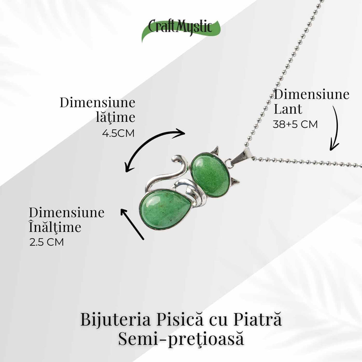 Noroc si Vitalitate - Colier Pisica din Otel Inoxidabil cu Aventurin Verde