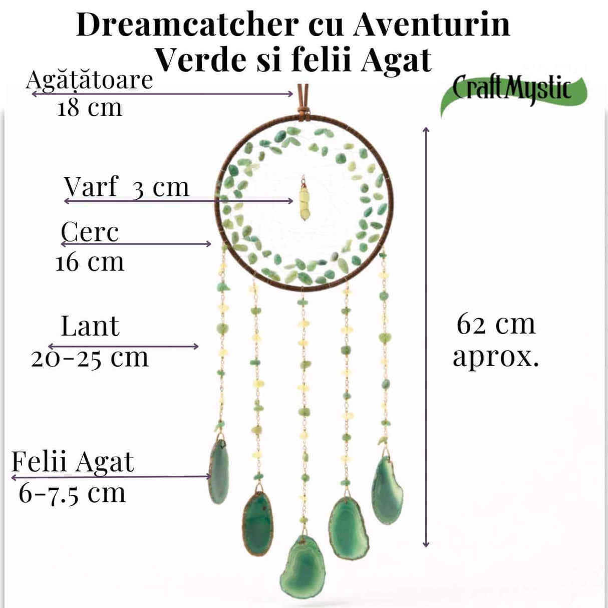 Dreamcatcher cu aventurin verde si felii agat, un cerc al sperantei si al echilibrului natural