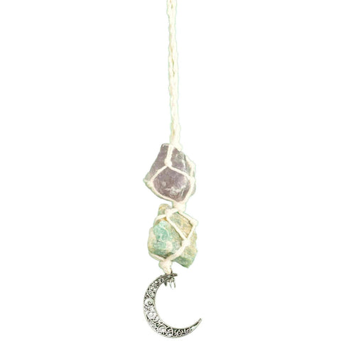 Hanging Ornament with Healing Crystals Amethyst and Amazonite with white cord, crescent moon and star accessories Feng Shui Decor for car mirror, home and office