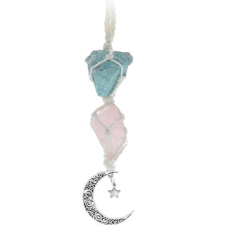Healing Crystals Hanging Ornament - Rose Quartz and Amazonite with white string, crescent moon and star accessories Feng Shui Decor for car mirror, home, and office