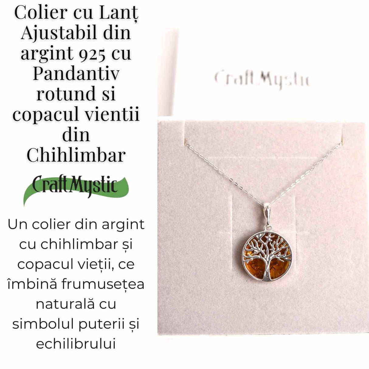 Colier argint 925 cu chihlimbar natural - copacul vietii rotund
