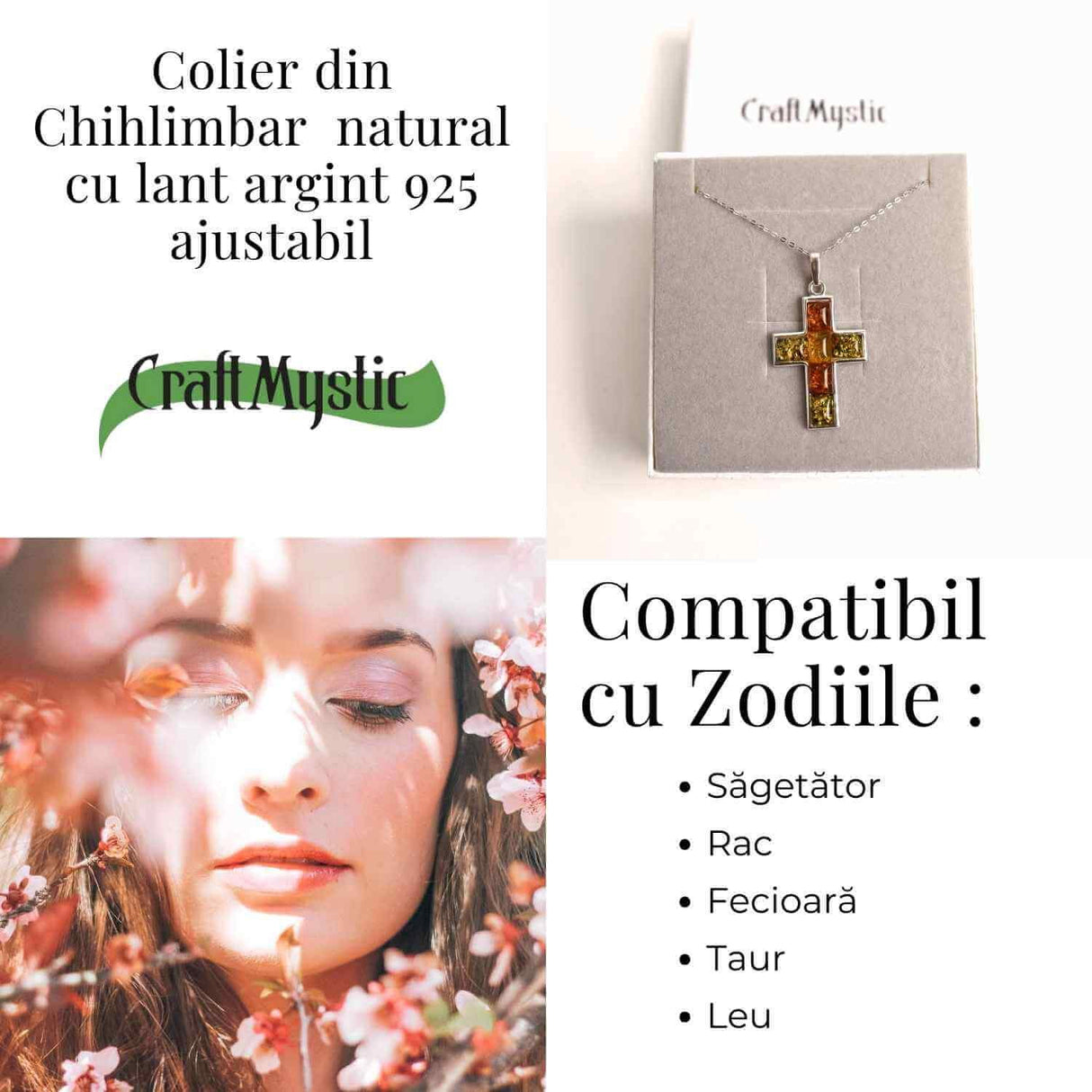Colier argint 925 cu chihlimbar natural - crucea protectiei