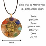 Colier cu pandantiv 35mm cu energie Orgonica cu Arborele Vietii cuprat si pietre naturale pentru cele sapte chakre