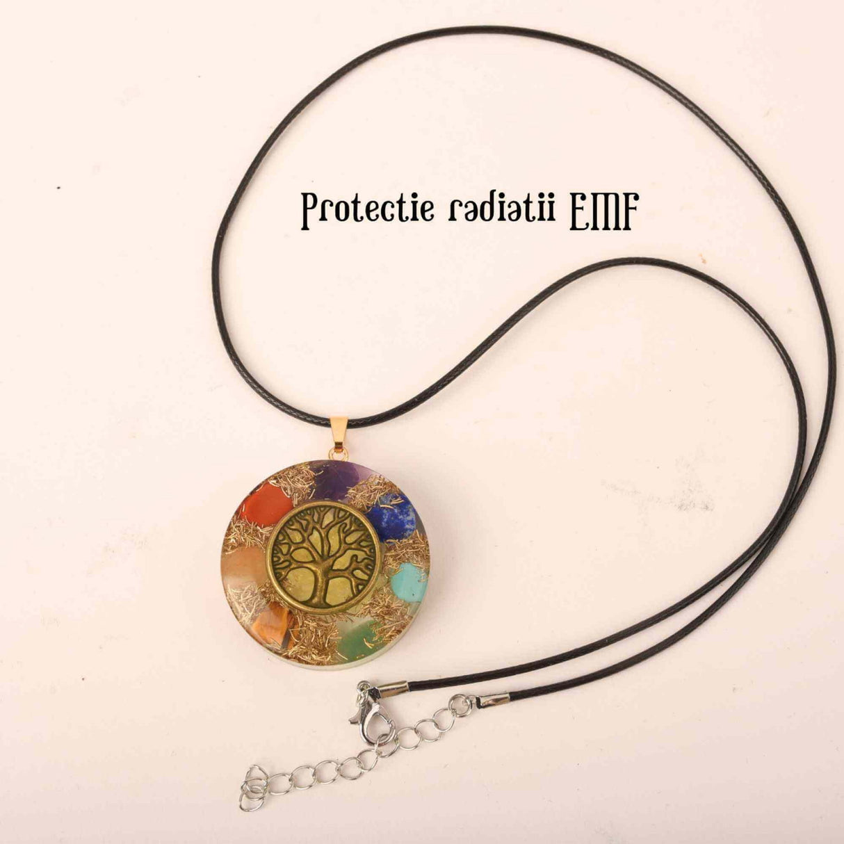 Colier cu pandantiv 35mm cu energie Orgonica cu Arborele Vietii cuprat si pietre naturale pentru cele sapte chakre