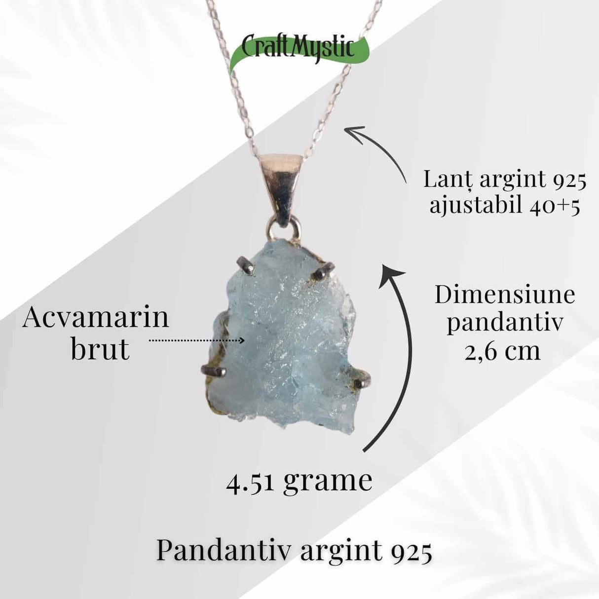 Colier Argint 925 cu Acvamarin Brut 3.00gr - Liniste Interioara si Claritate