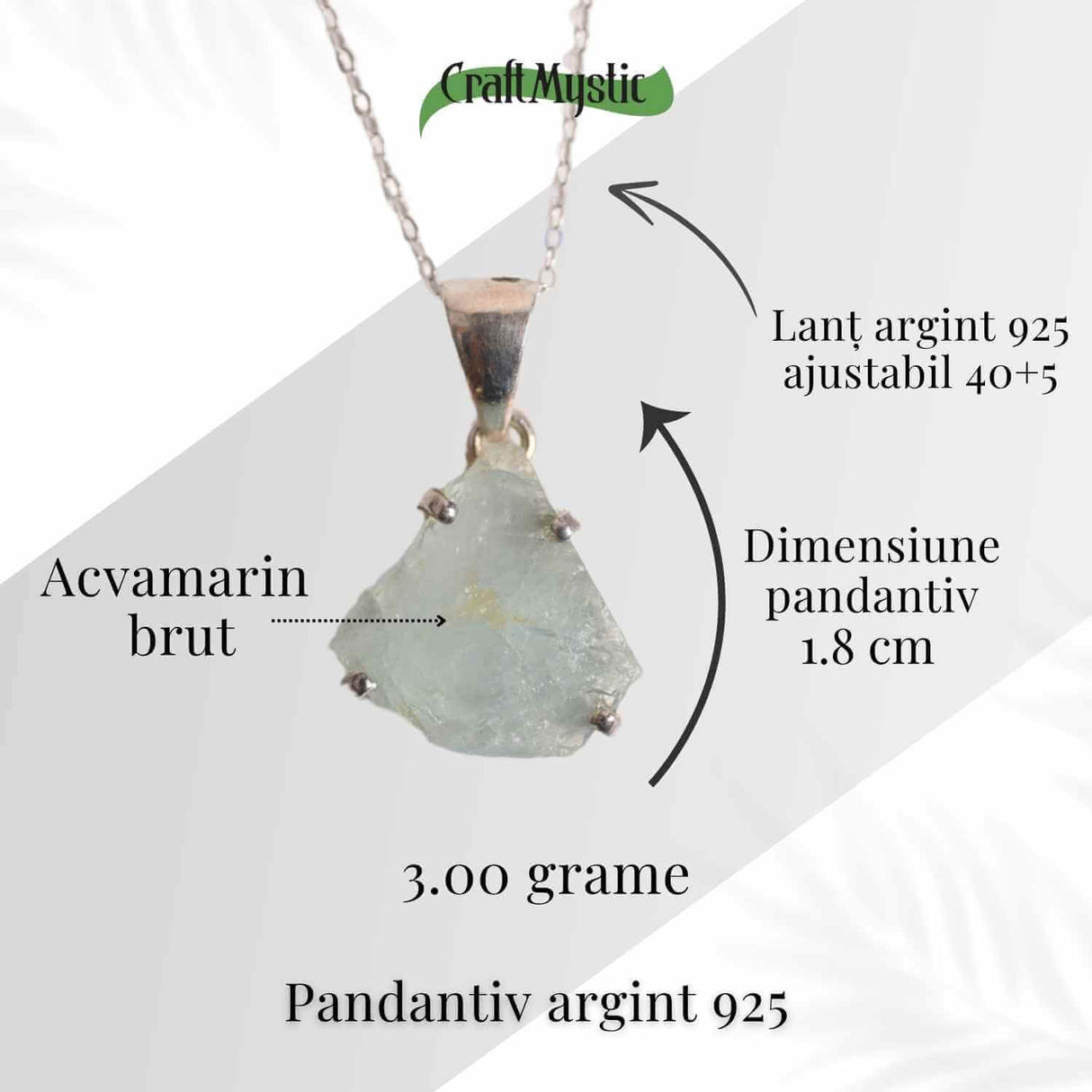 Colier Argint 925 cu Acvamarin Brut 3.00gr - Liniste Interioara si Claritate
