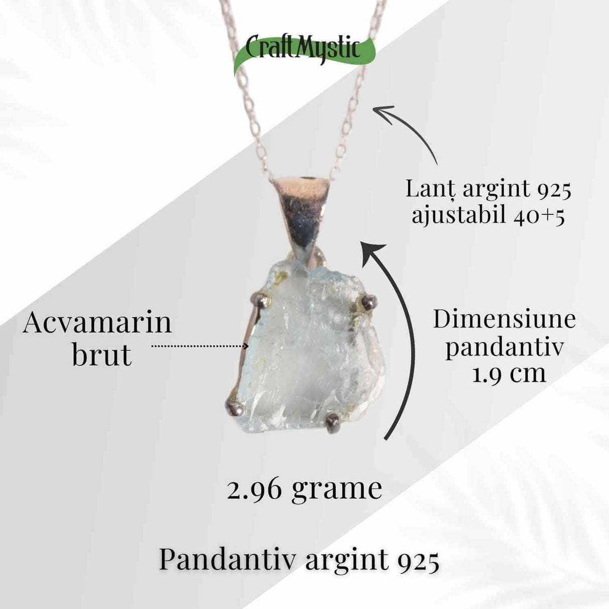 Colier Argint 925 cu Acvamarin Brut 3.00gr - Liniste Interioara si Claritate