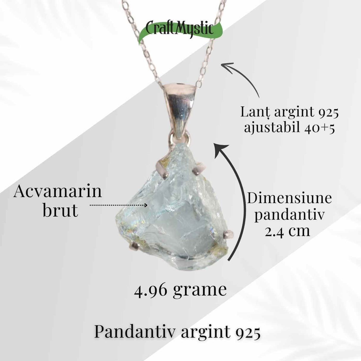 Colier Argint 925 cu Acvamarin Brut 3.00gr - Liniste Interioara si Claritate