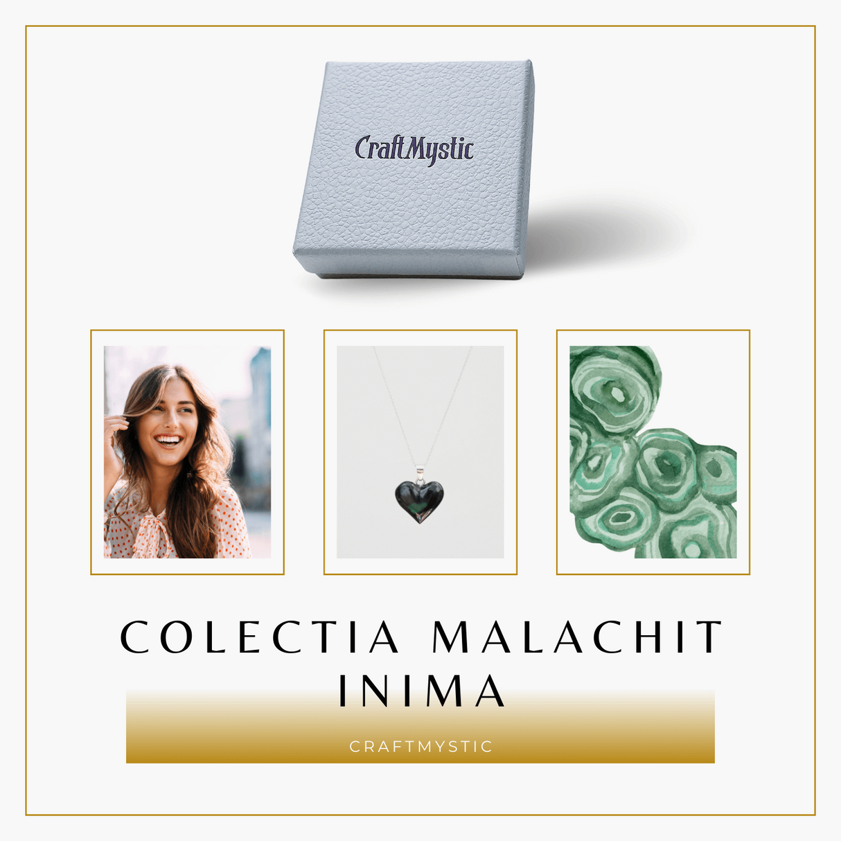 Colier Elegant cu Lant Argintiu si Pandantiv din Malachit Natural in Forma de Inima, 25mm