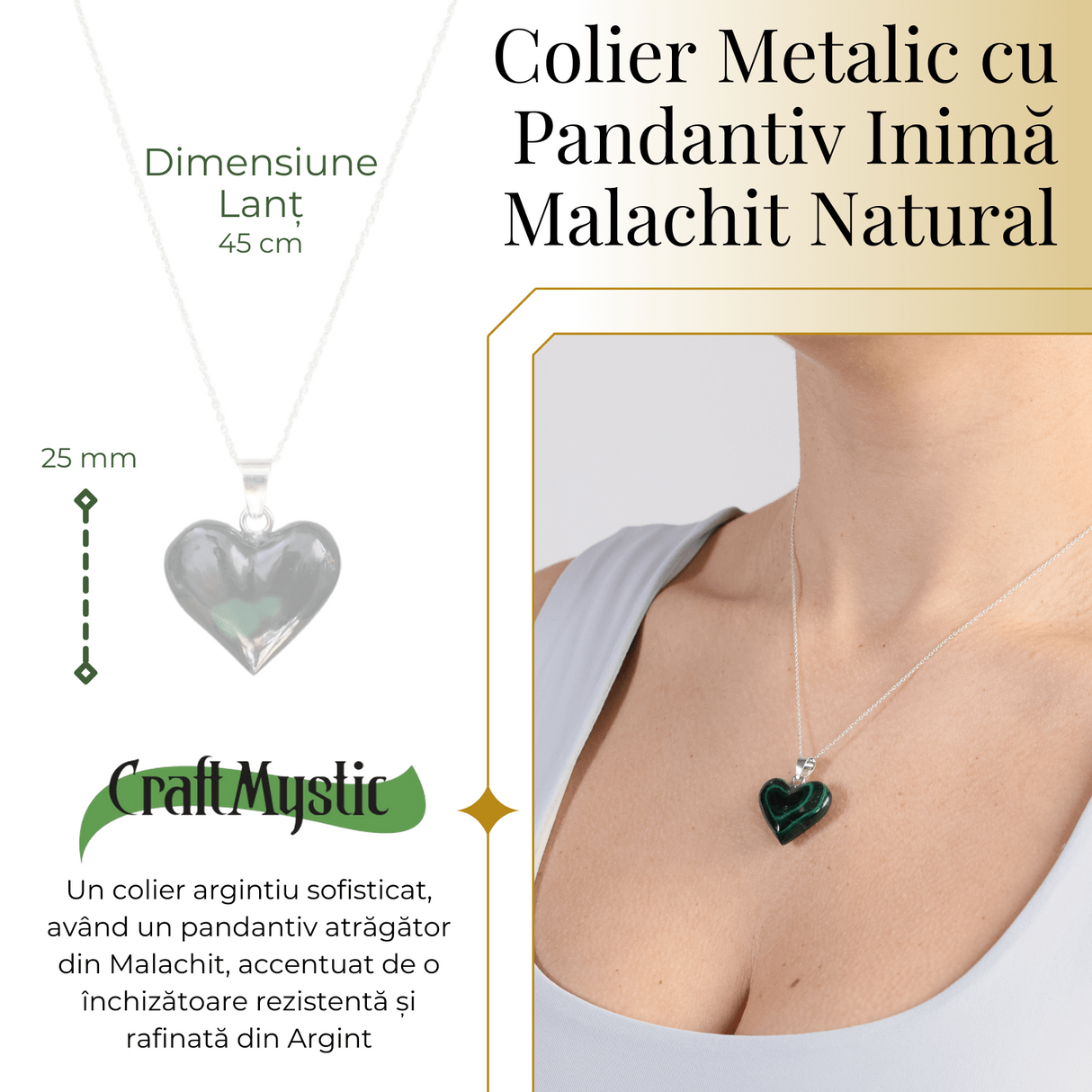 Colier Elegant cu Lant Argintiu si Pandantiv din Malachit Natural in Forma de Inima, 25mm