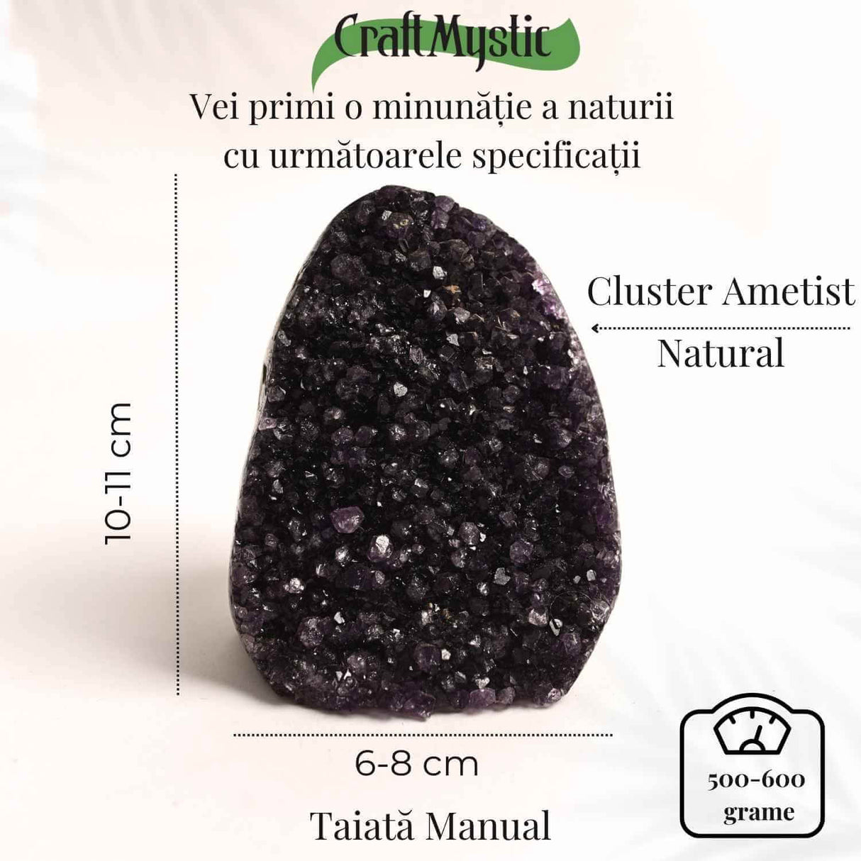 Geoda de ametist natural, taiata manual - Protectie si echilibru H= 10-11 cm L= 6-8 cm 500-600 gr