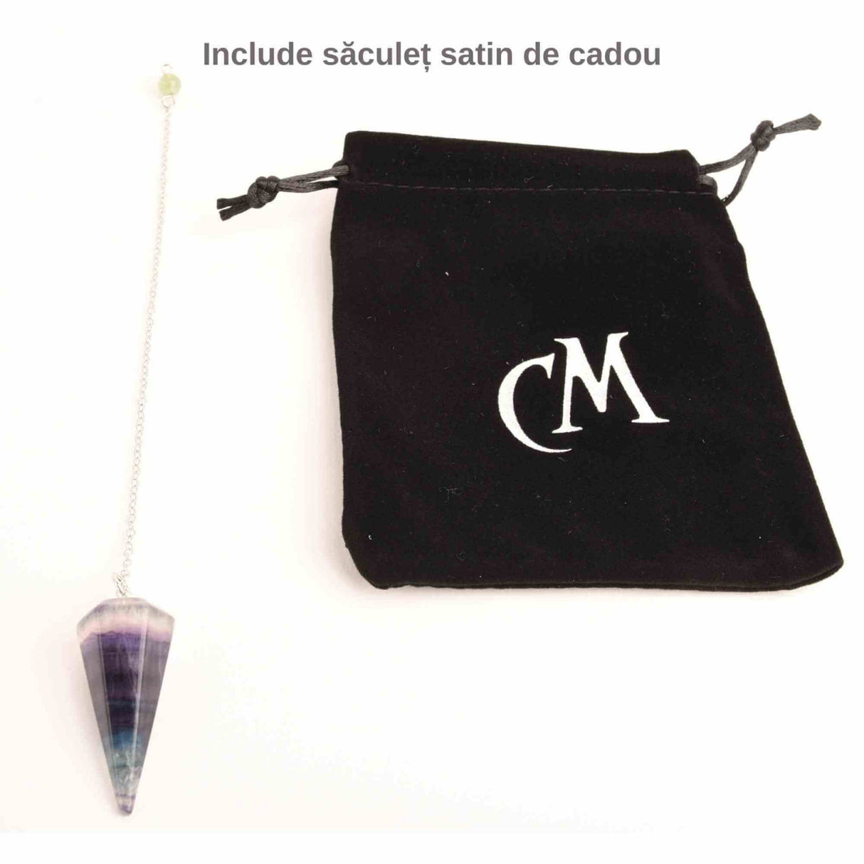 Pendul radiestezie Fluorit violet si saculet satin de catifea - Pentru meditatie, divinatie
