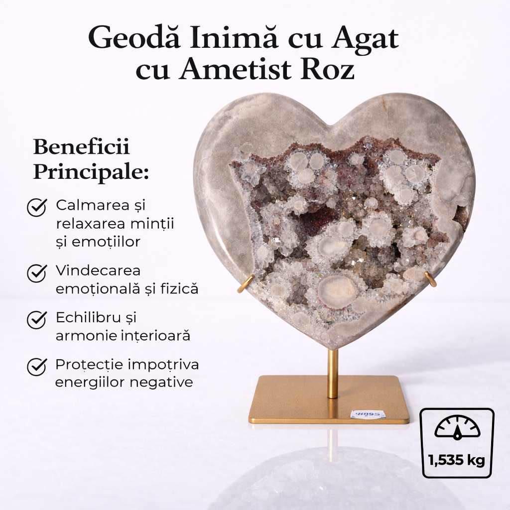 Inima din Agat Pink Ametist cu Geoda naturala – piesa unicat sculptata manual Brazilia 1.535 kg