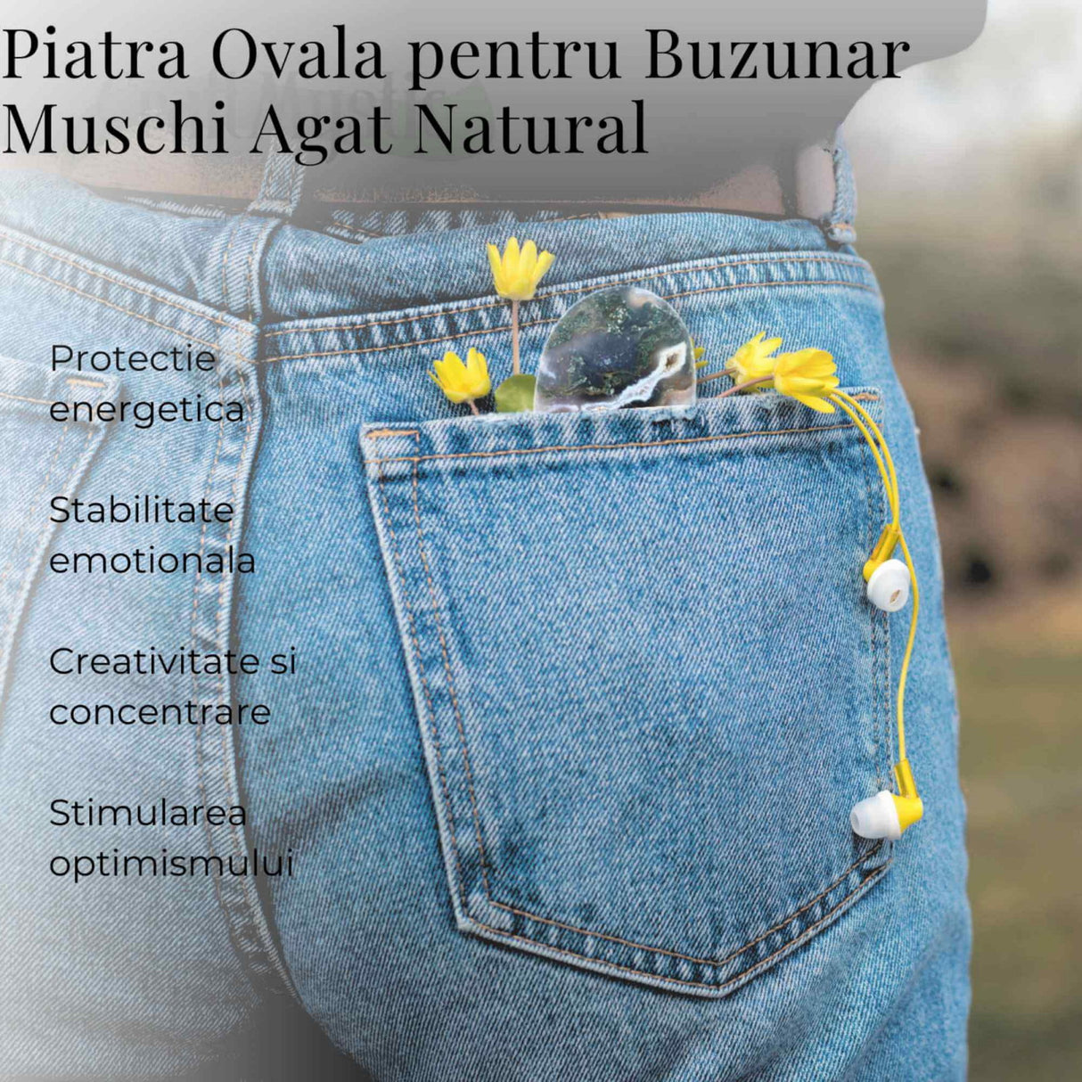 Piatra de Buzunar din Agat Muschi Druzy Natural 50-55 mm - Promoveaza Vindecarea și Echilibrul