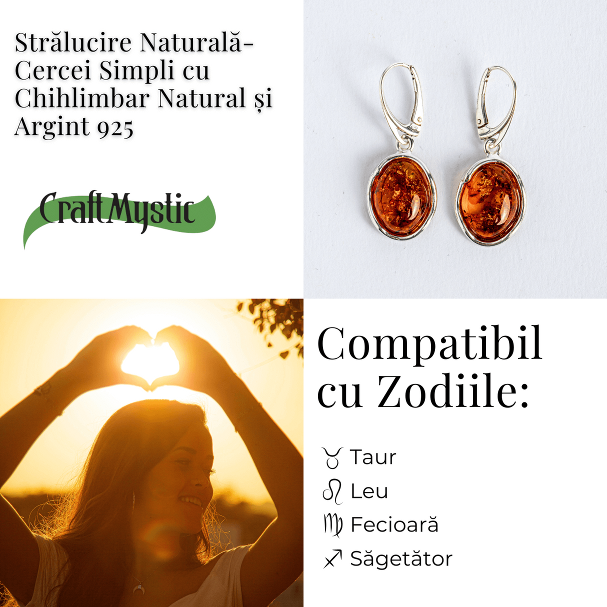 Piatra soarelui la urechea ta - Bijuterie Cercei cu vibe cald si elegant din chihlimbar si argint 925