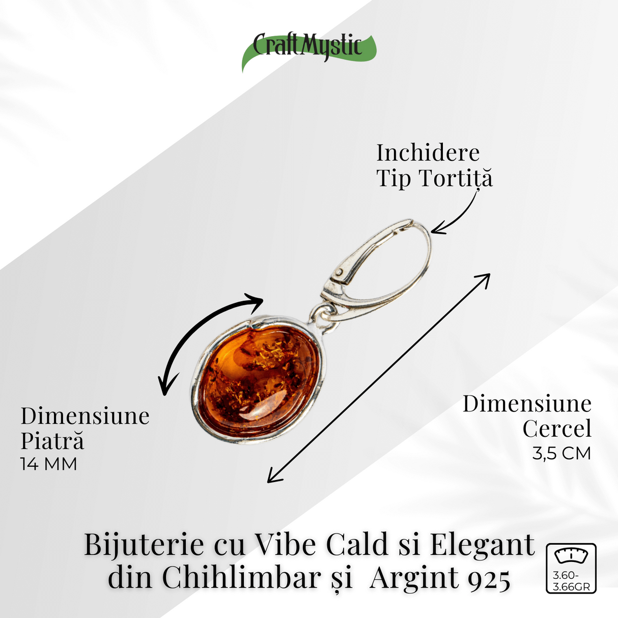 Piatra soarelui la urechea ta - Bijuterie Cercei cu vibe cald si elegant din chihlimbar si argint 925