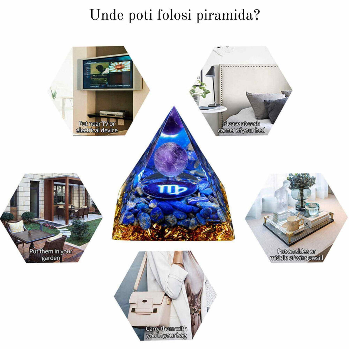Piramida de Energie Orgonica 6 cm cu Cristale de Vindecare specifice Zodiei Berbec pentru Relaxare, Meditatie si Ornament