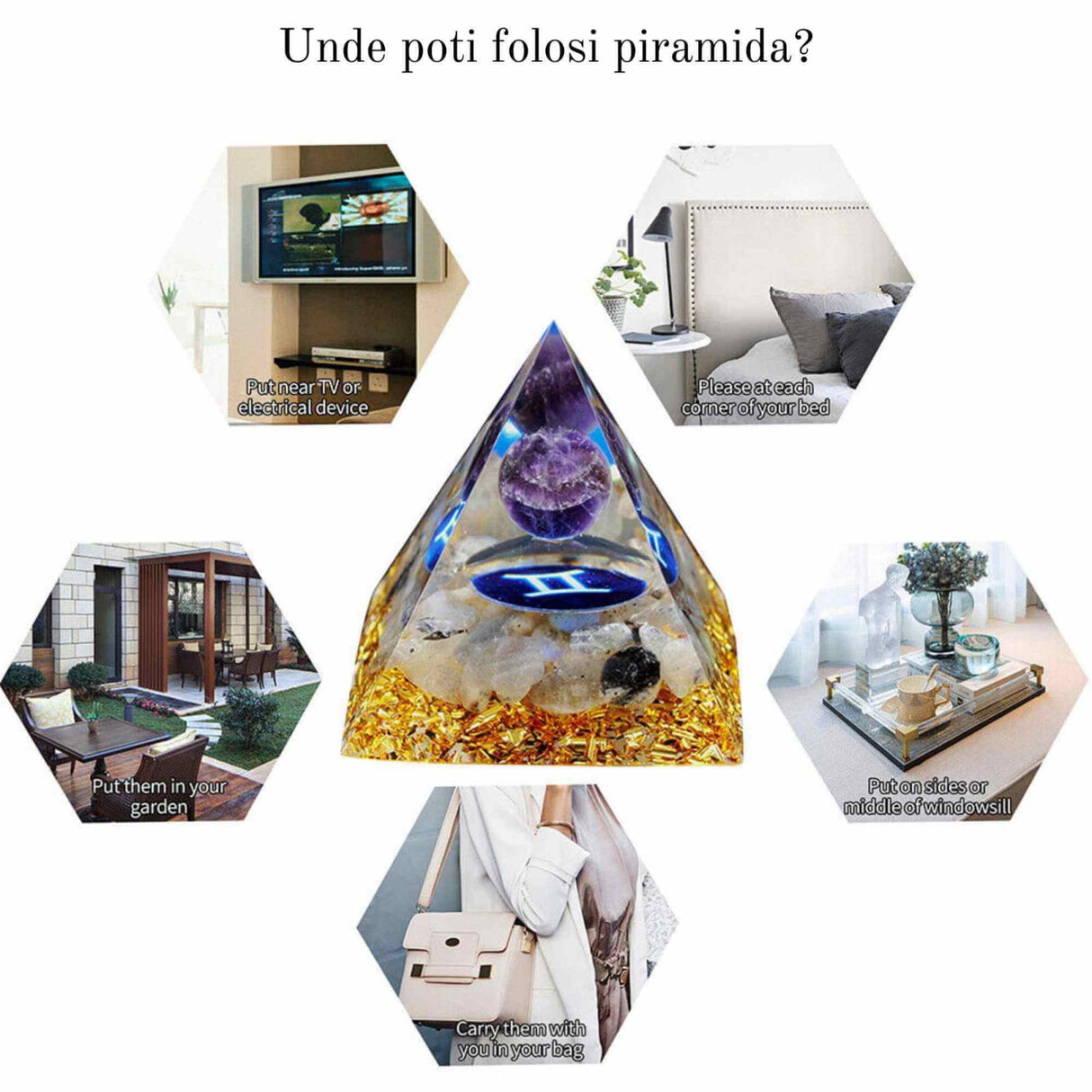 Piramida de Energie Orgonica 6 cm cu Cristale de Vindecare specifice Zodiei Berbec pentru Relaxare, Meditatie si Ornament