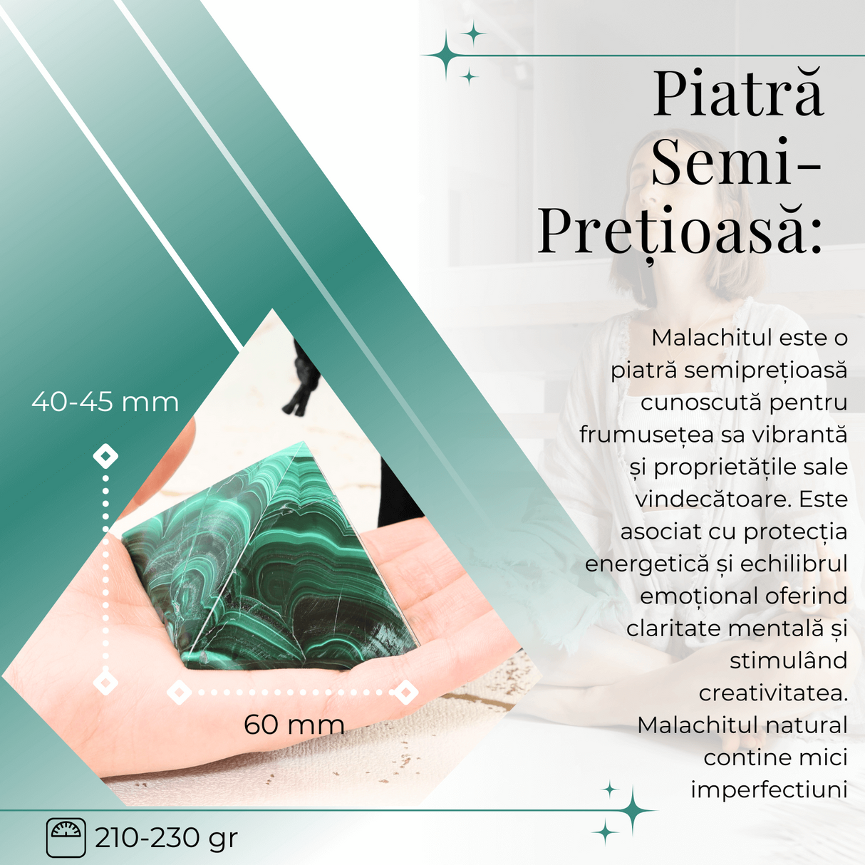 Piramida Malachit natural H 40-45 mm Latime 60 mm 210-230 gr - Sursa de Echilibru si Armonie