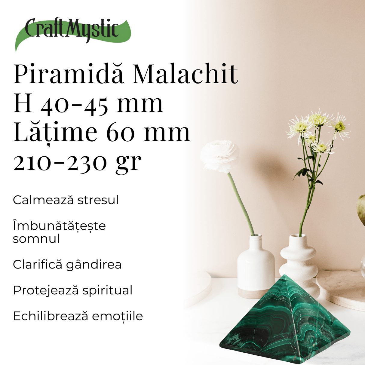 Piramida Malachit natural H 40-45 mm Latime 60 mm 210-230 gr - Sursa de Echilibru si Armonie