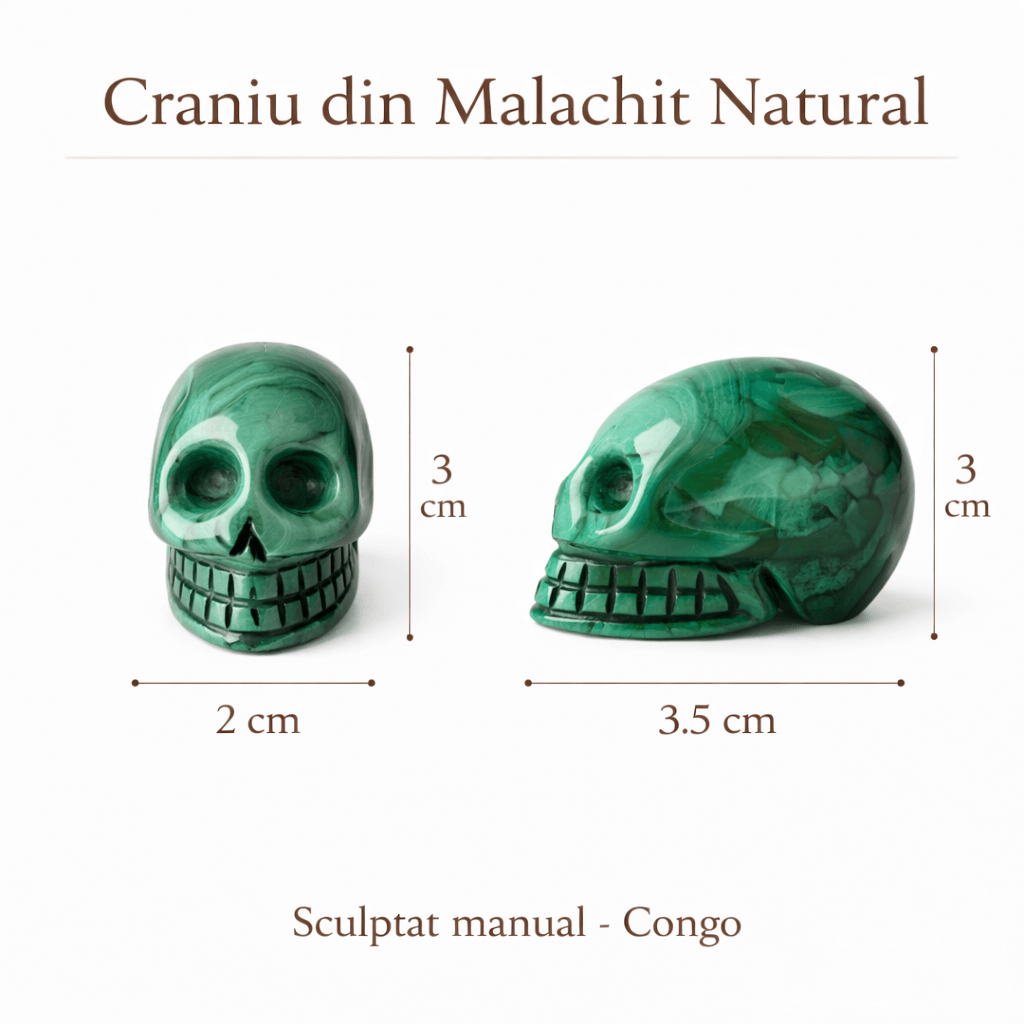 Mini Craniu din Malachit Natural Congo – Sculptat manual, simbol al transformarii