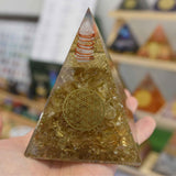 Piramida Orgonica cristal Citrin si Floarea vietii de 11 cm pentru Bogatie si Succes - Piatra Comerciantului pentru Confort si Energie Pozitiva