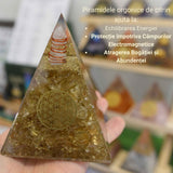 Piramida Orgonica cristal Citrin si Floarea vietii de 11 cm pentru Bogatie si Succes - Piatra Comerciantului pentru Confort si Energie Pozitiva