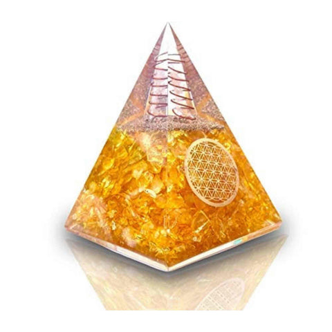 Piramida Orgonica cu Citrin si simbolul floarea vietii 8 cm - pentru intelepciune, bogatie si succes