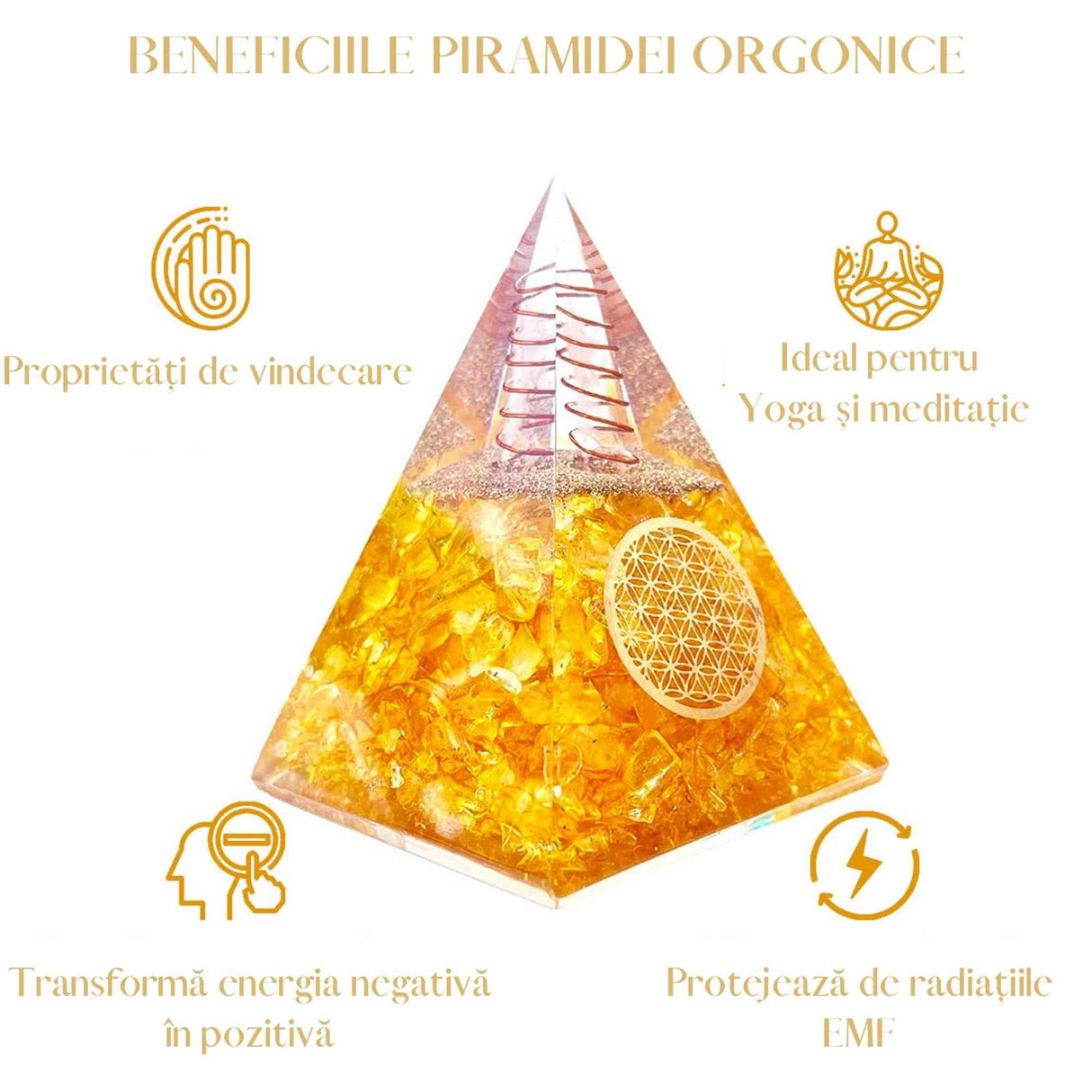 Piramida Orgonica cu Citrin si simbolul floarea vietii 8 cm - pentru intelepciune, bogatie si succes