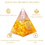 Piramida Orgonica cu Citrin si simbolul floarea vietii 8 cm - pentru intelepciune, bogatie si succes