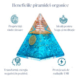Piramida Orgonica cu cristal Acvamarin si simbolul floarea vietii 8 cm - pentru energie pozitiva, curaj, eliminarea fricii si a stresului