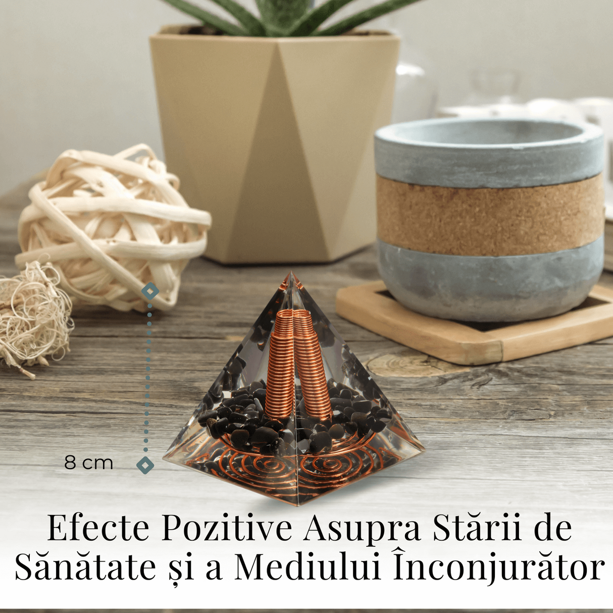 Piramida Orgonica Obsidian cu Varf de Cuart de Stanca si Spirala de Cupru - Protectie