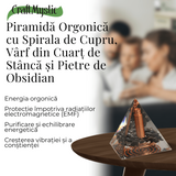 Piramida Orgonica Obsidian cu Varf de Cuart de Stanca si Spirala de Cupru - Protectie