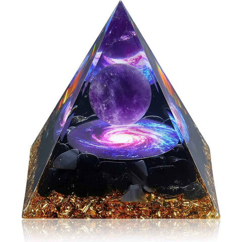 Orgone Pyramid with healing crystals of Amethyst, Obsidian, gold leaf, natural resin and 8 cm amethyst crystal sphere - for positive energy and stress reduction