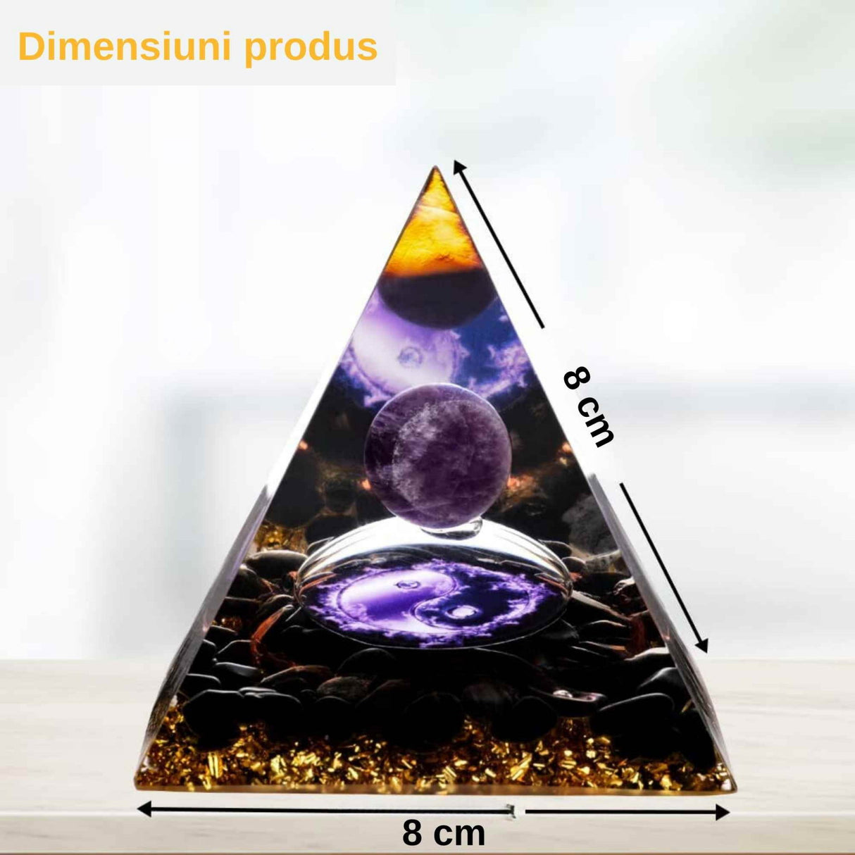 Piramida Orgonica cu cristale vindecatoare de Ametist, Obsidian, foita aurie, rasina naturala si sfera din cristal ametist 8 cm - pentru energie pozitiva si reducerea stresului