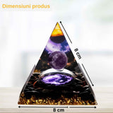 Piramida Orgonica cu cristale vindecatoare de Ametist, Obsidian, foita aurie, rasina naturala si sfera din cristal ametist 8 cm - pentru energie pozitiva si reducerea stresului
