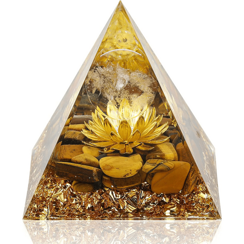 Piramida Orgonica cu cristale vindecatoare Ochi de Tigru, floare de lotus si sfera din cristal transparent 8 cm - Promoveaza bogatia, prosperitatea si atrage succesul