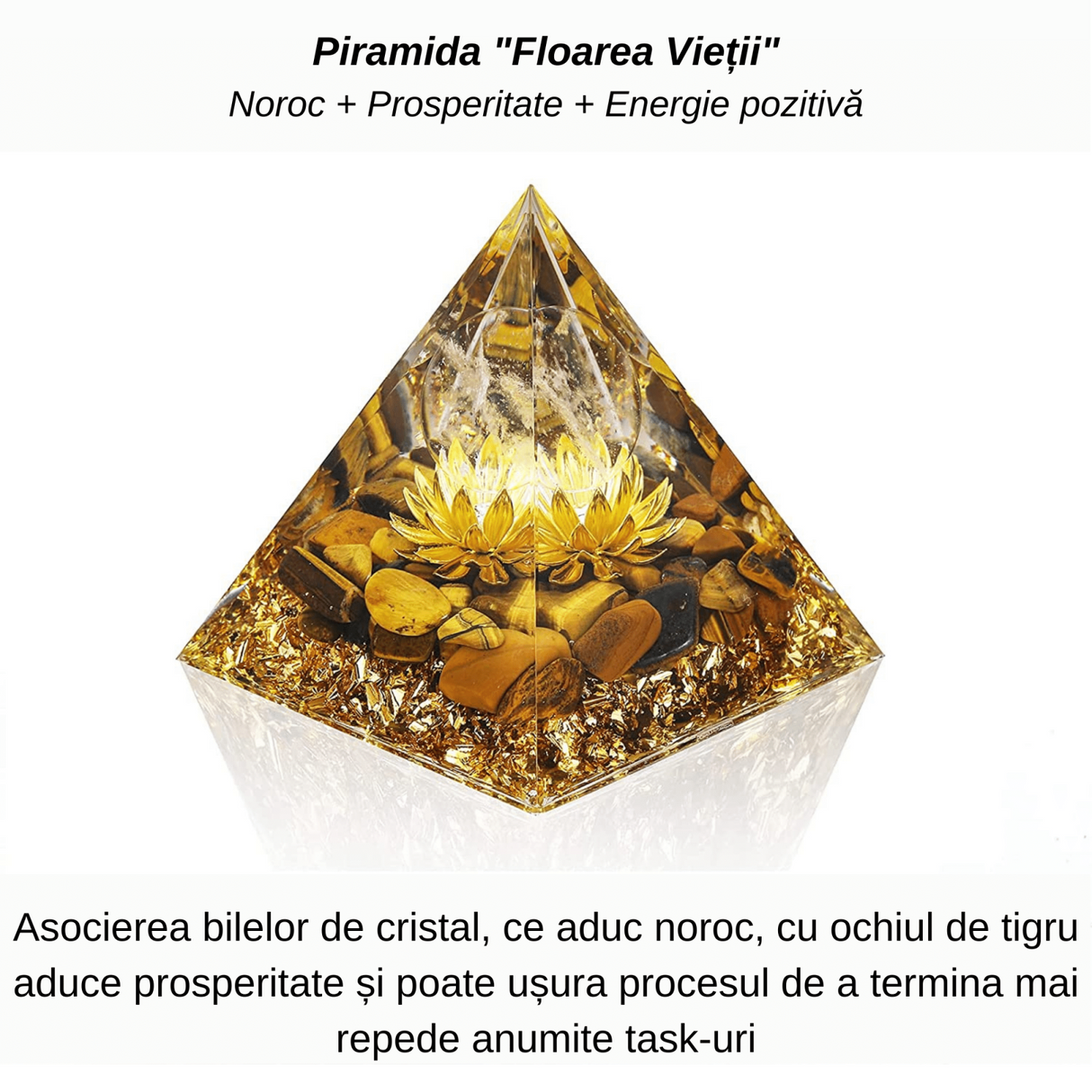 Piramida Orgonica cu cristale vindecatoare Ochi de Tigru, floare de lotus si sfera din cristal transparent 8 cm - Promoveaza bogatia, prosperitatea si atrage succesul