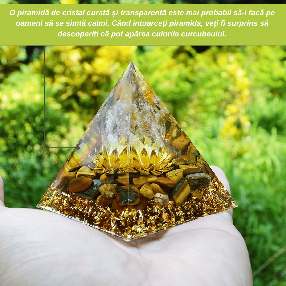Piramida Orgonica cu cristale vindecatoare Ochi de Tigru, floare de lotus si sfera din cristal transparent 8 cm - Promoveaza bogatia, prosperitatea si atrage succesul