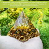 Piramida Orgonica cu cristale vindecatoare Ochi de Tigru, floare de lotus si sfera din cristal transparent 8 cm - Promoveaza bogatia, prosperitatea si atrage succesul